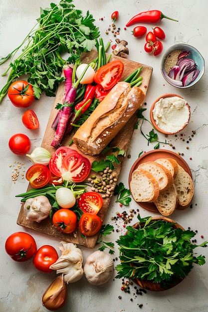 vegetables bread and spread with butter on a white background Selective focus