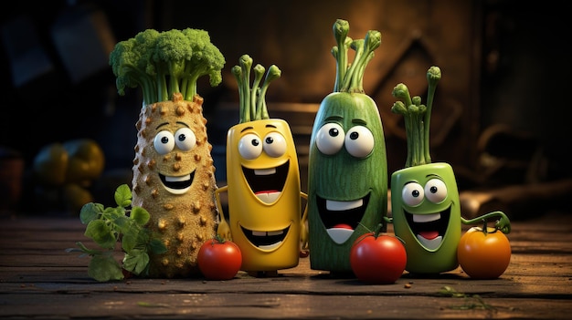 Vegetables fruit cartoon personality character funny dietary ingredients of proper food cute and funny products grocery with human facial features