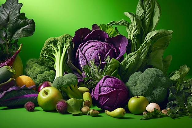 vegetables fruits broccoli purple cabbage romaine lettuce on green background plant bazed vegan