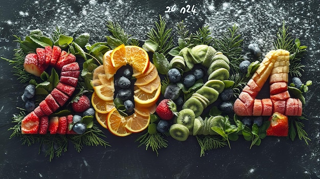 Vegetables fruits and fish on a black backdrop symbolize the year 2024 fresh Generative AI