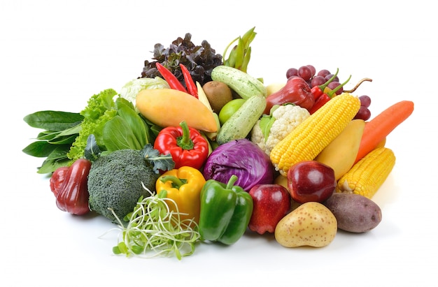 Vegetables and fruits on white surface