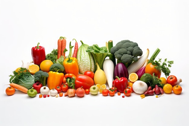 Vegetables and fruits on white