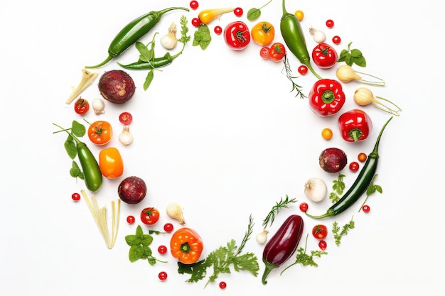 Vegetables and fruits on white