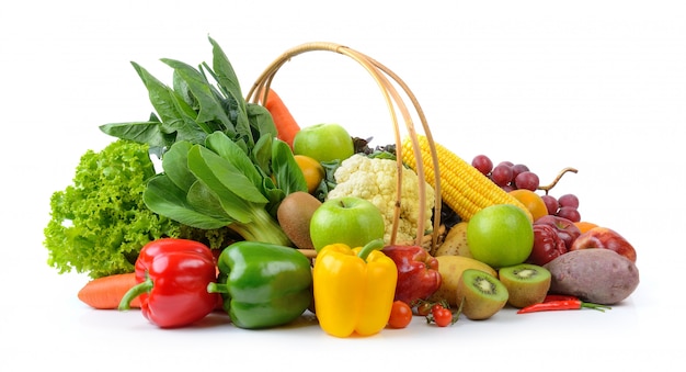 Vegetables and fruits on white