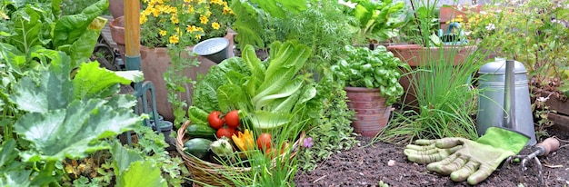 Vegetables garden with fresh vegetables in basket and aromatic plants