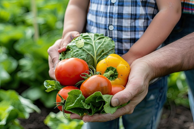 Vegetables in the hands of the child and father of the farmer in the garden Selective focus