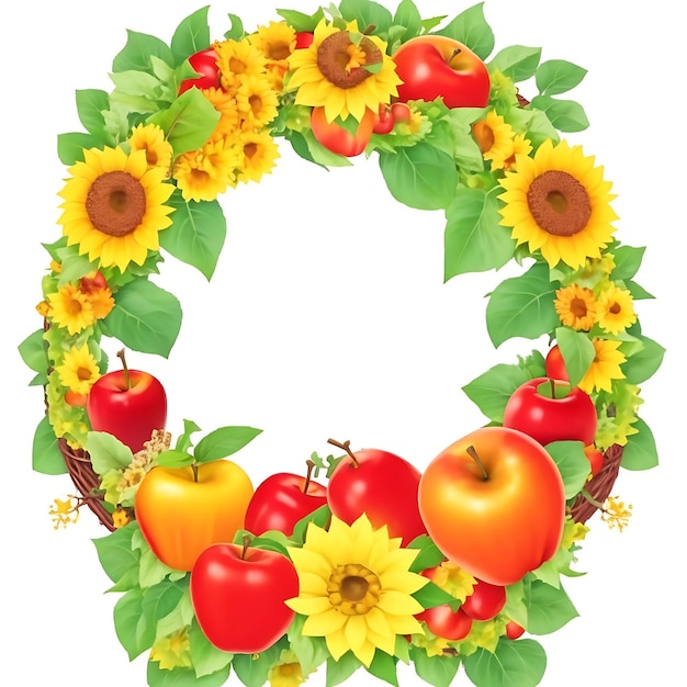 vegetables harvest frame or wreath with apples sunflowers and dates vector Ai generated