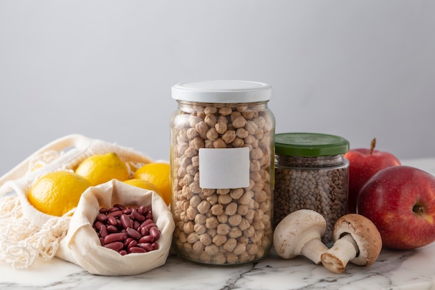 Vegetables on jar n table