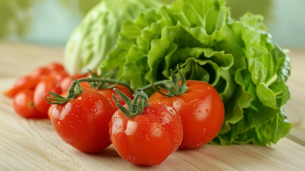 Photo vegetables on a light wooden table including lettuce and tomatoes