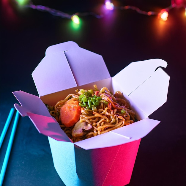 Photo vegetables lo mein noodles in chines takeout box