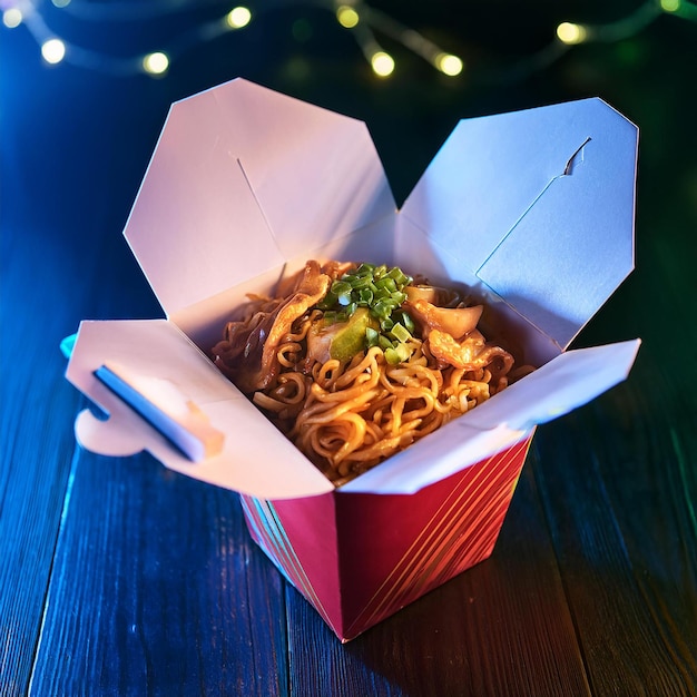 Vegetables Lo Mein noodles in chines takeout box