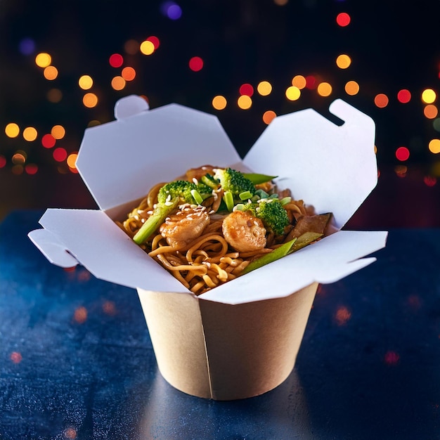 Vegetables Lo Mein noodles in chines takeout box