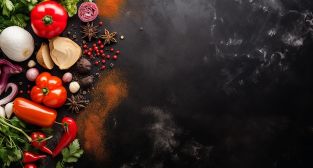 Vegetables set and spices for cooking on dark background