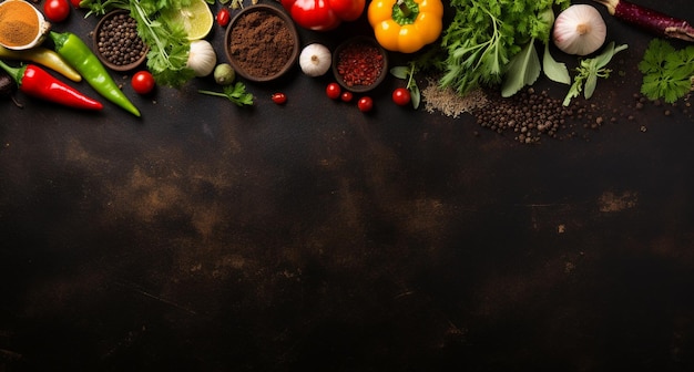 Vegetables set and spices for cooking on dark background