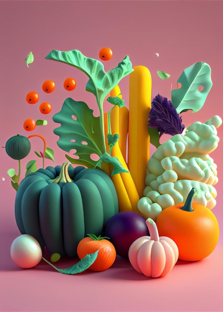 Vegetables soft pop style isolated on pink background AI Generated