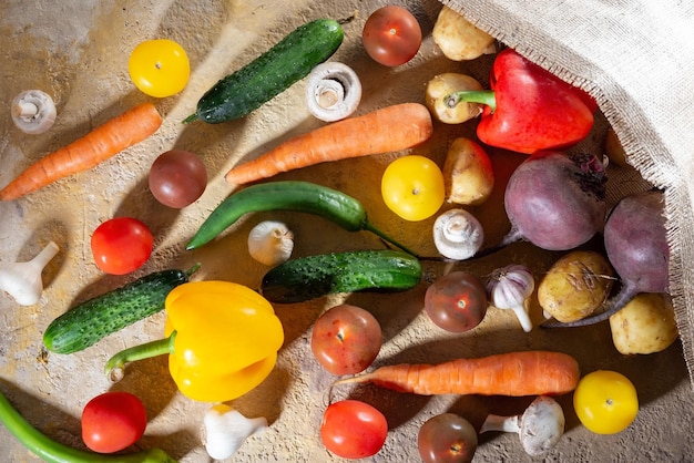 Vegetables spilled out of the bag onto the table View from above fresh vegetable flatlay