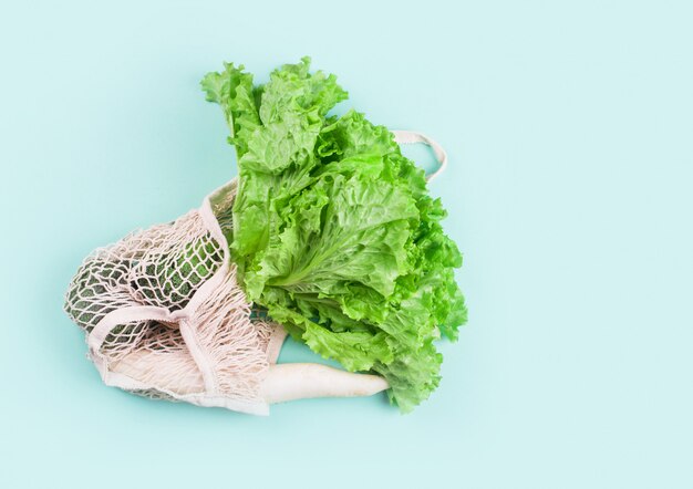 Vegetables, spinach leaves, lettuce, green onions, radishes, cabbage in a string shopping bag for food. Zero waste