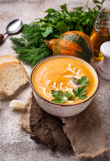 Vegetarian autumn  pumpkin cream soup 