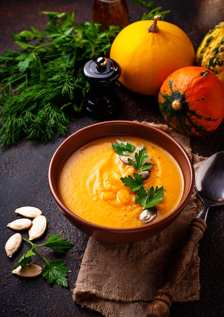 Vegetarian autumn  pumpkin cream soup 