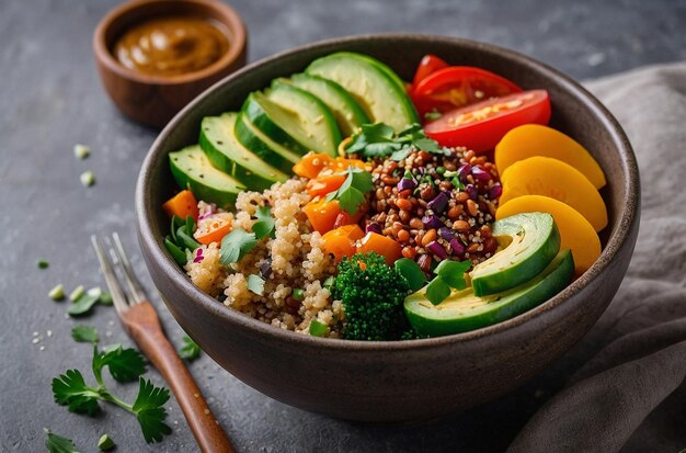 Vegetarian buddha bowl with quinoa and fresh vegetables