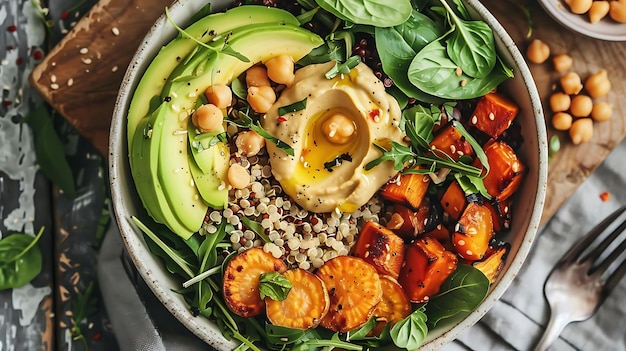 Photo vegetarian buddha bowl with roasted vegetables and avocado served on a wooden table accompanied by a silver fork and garnished with a green leaf