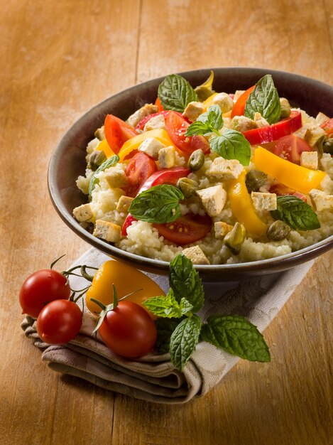 Vegetarian couscous with tofu capsicum tomatoes mint and capers