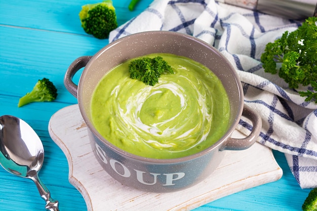 Vegetarian cream soup with broccoli and pea Healthy diet lunch