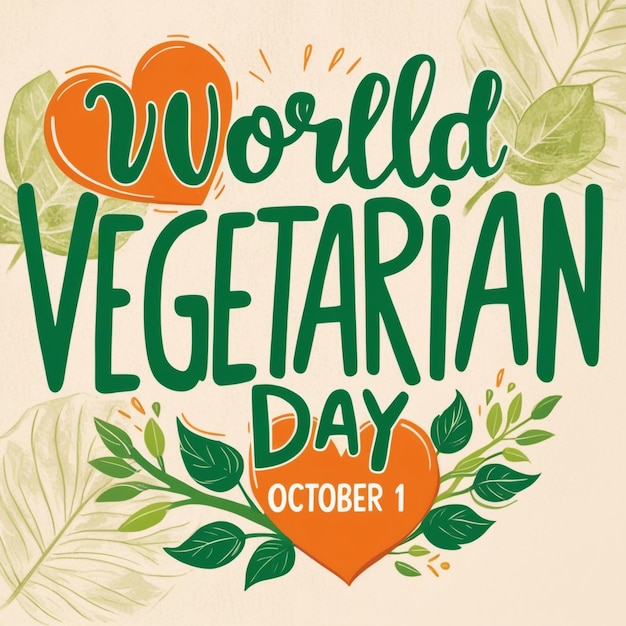 Vegetarian Day poster featuring a heartshaped leaf and a heart symbolizing World Healthy Day