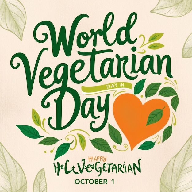 Vegetarian Day poster featuring a heartshaped leaf and a heart symbolizing World Healthy Day