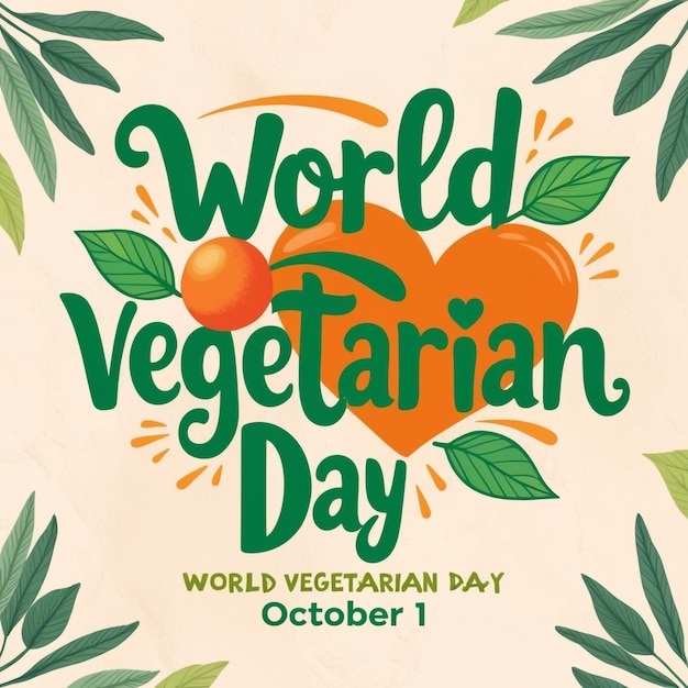 Vegetarian Day poster featuring a heartshaped leaf and a heart symbolizing World Healthy Day