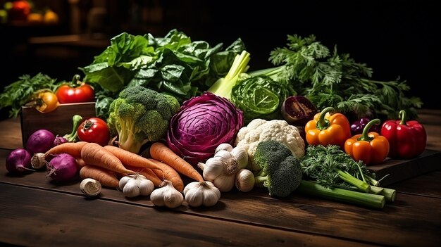 Vegetarian Delight TopView Vegetable Skewers on Wooden Table