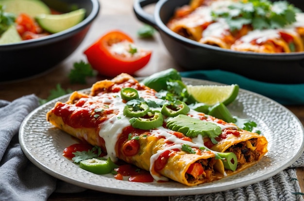 Photo vegetarian enchiladas with fresh veggies cheese and green sauce