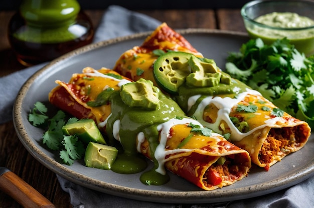 Photo vegetarian enchiladas with fresh veggies cheese and green sauce