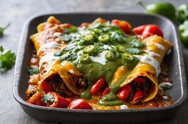 Photo vegetarian enchiladas with roasted peppers cheese and green sauce