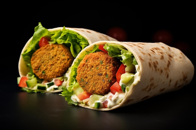 Vegetarian falafel wraps with salad and tomato on black background