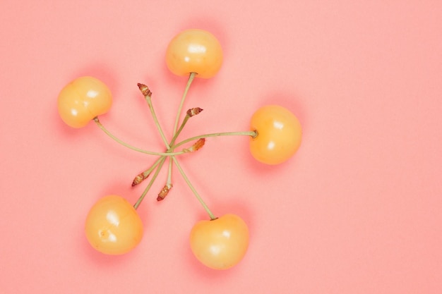 Vegetarian food concept Closeup Sweet juicy yellow cherries on a pink background View from above