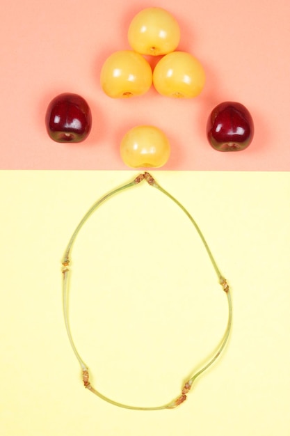 Vegetarian food concept Two sweet juicy red cherries on a colorful background View from above