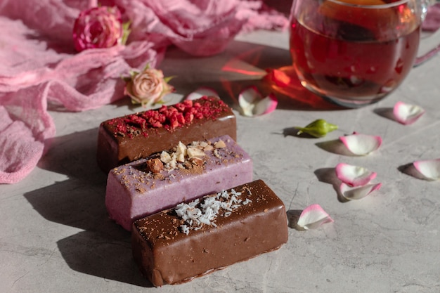 Vegetarian glazed cheese on pink background, dessert for vegan children