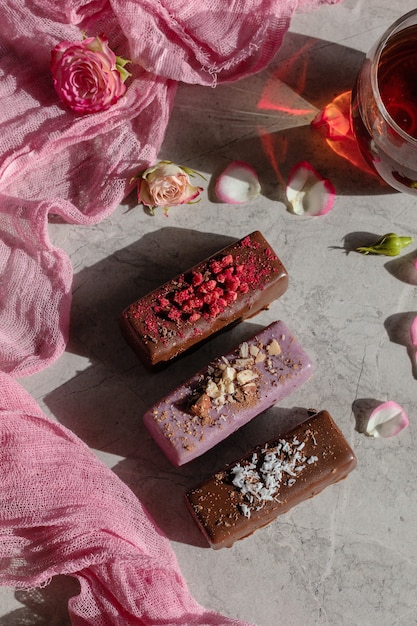 Vegetarian glazed cheese on pink background, dessert for vegan children