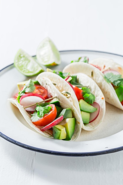 Vegetarian and healthy tacos as spicy starter for restaurant