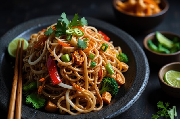 Vegetarian Pad Thai with Udon Noodles and Brightly Colored Vegetables on Black Plate Generative Ai