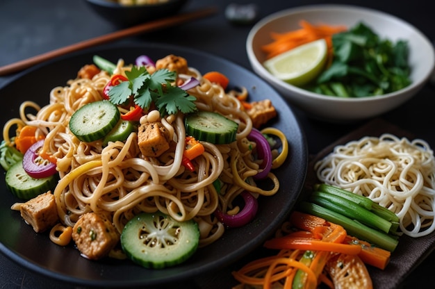 Vegetarian Pad Thai with Udon Noodles and Brightly Colored Vegetables on Black Plate Generative Ai