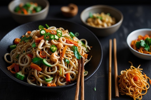 Vegetarian Pad Thai with Udon Noodles and Brightly Colored Vegetables on Black Plate Generative Ai