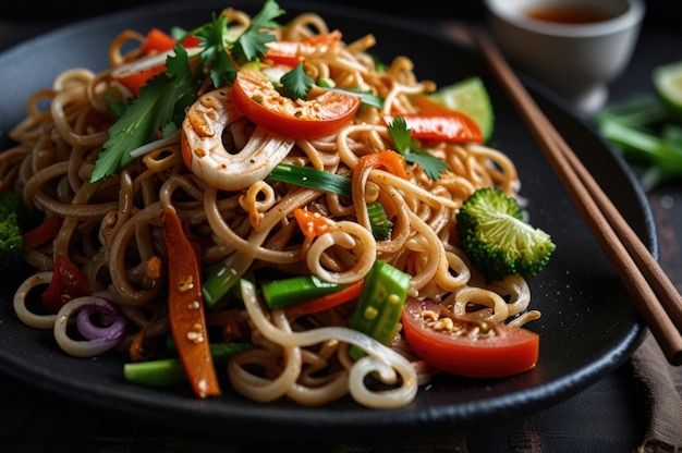 Vegetarian Pad Thai with Udon Noodles and Brightly Colored Vegetables on Black Plate Generative Ai