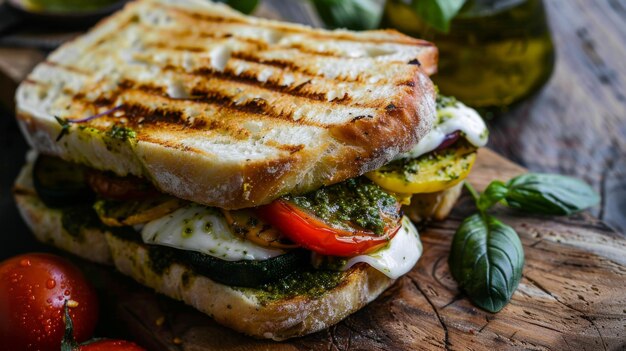 Photo a vegetarian panini with grilled vegetables mozzarella and pesto on focaccia bread