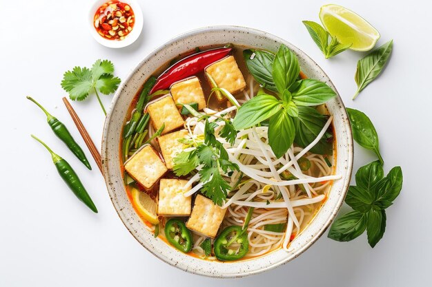 Photo vegetarian pho with tofu and fresh herbs isolated on a white background