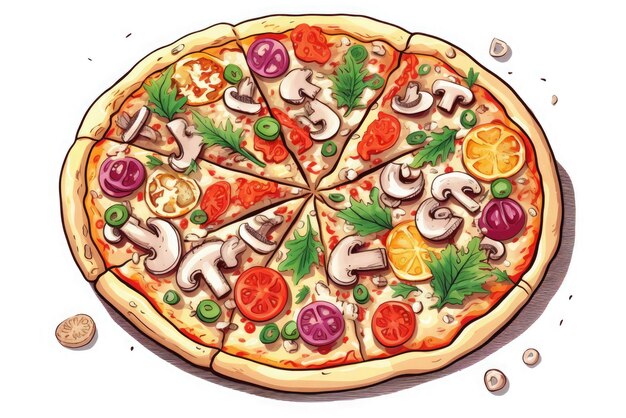 Vegetarian pizza wheat dough vegetable toppings manga style vector illustration sticker