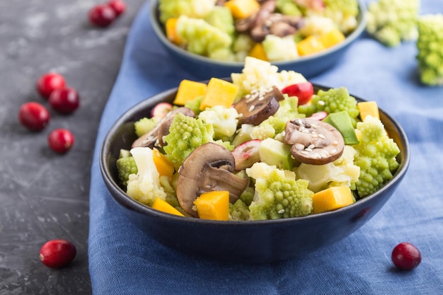 Vegetarian salad from romanesco cabbage champignons cranberry avocado and pumpkin on a black concrete background side view selective focus