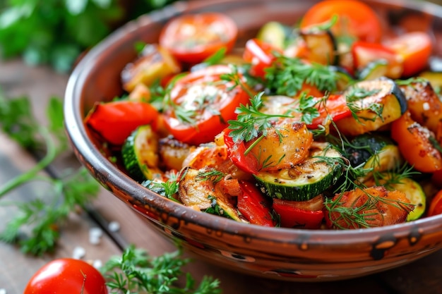 Vegetarian Salad with Baked Vegetables Close Up on Rustic Style Hay Background