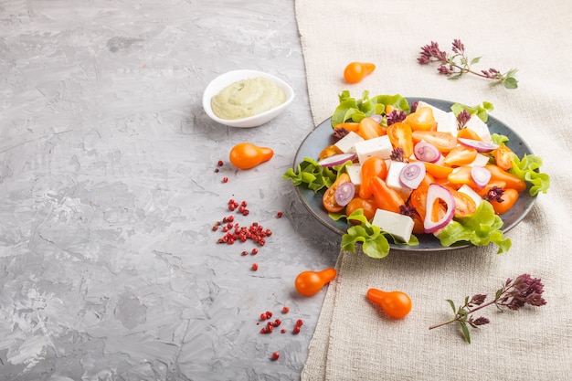 Vegetarian salad with fresh grape tomatoes, feta cheese, lettuce and onion, side view.